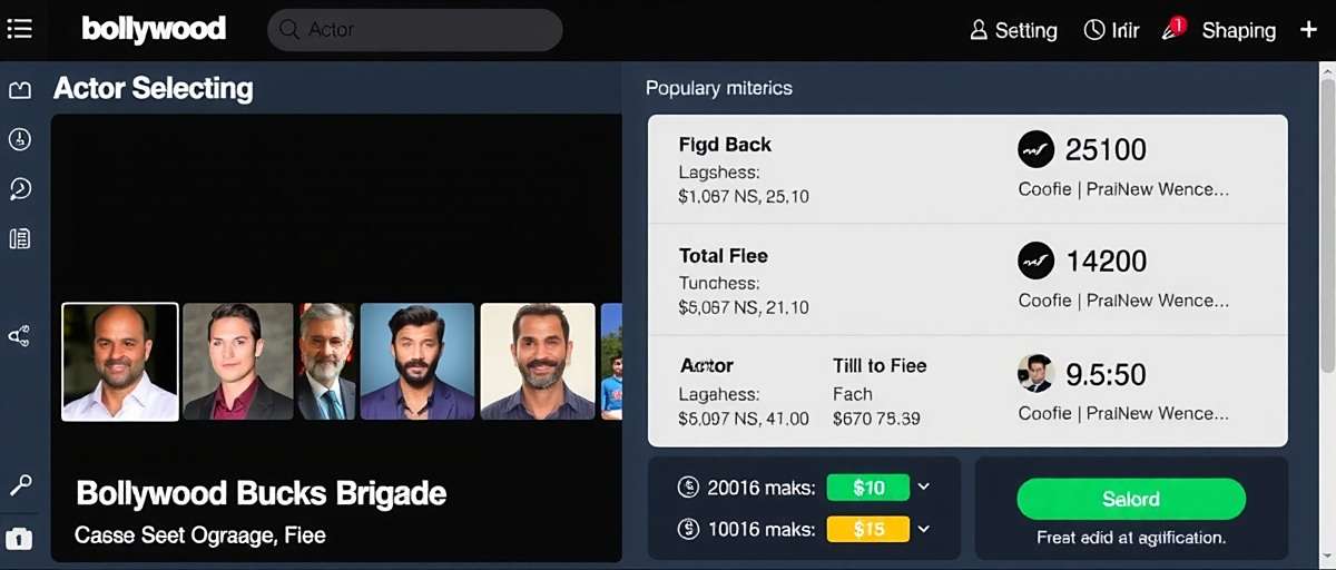 Bollywood Bucks Brigade casting interface showing actor selection with fees and popularity metrics