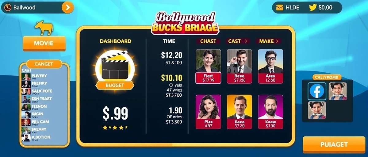 Bollywood Bucks Brigade game interface showing movie production dashboard with budget and cast options